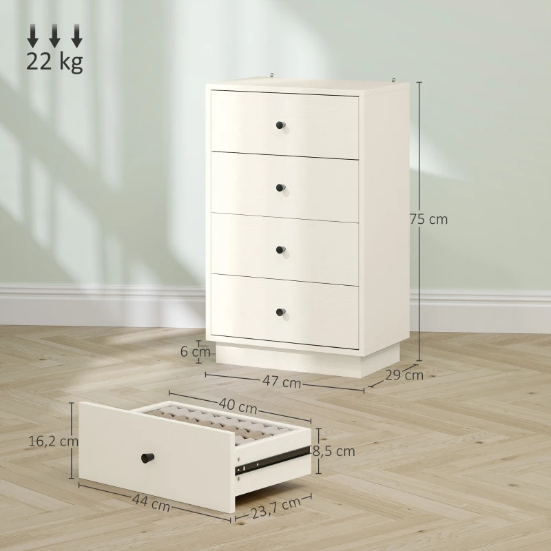 HOMCOM Commode 4 tiroirs moderne, meuble de rangement pour chambre à coucher, salon, entrée, 47 x 29 x 75 cm, crème