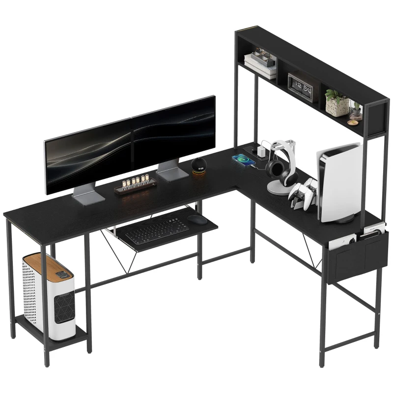 HOMCOM Secretária Modular Secretária de Canto com Tomada e Porta USB Estilo Industrial Prateleiras de Arrumação 160x120x145 cm Preto