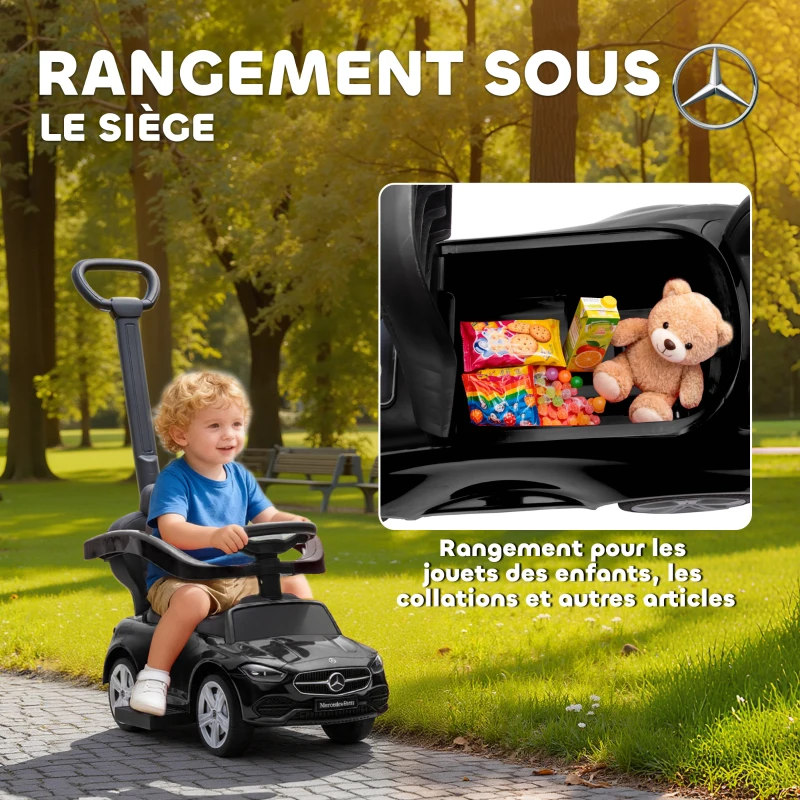 AIYAPLAY Porteur enfants Mercedes-Benz sous licence, porteur voiture à pousser avec poignée amovible, 91 x 40 x 83 cm, noir
