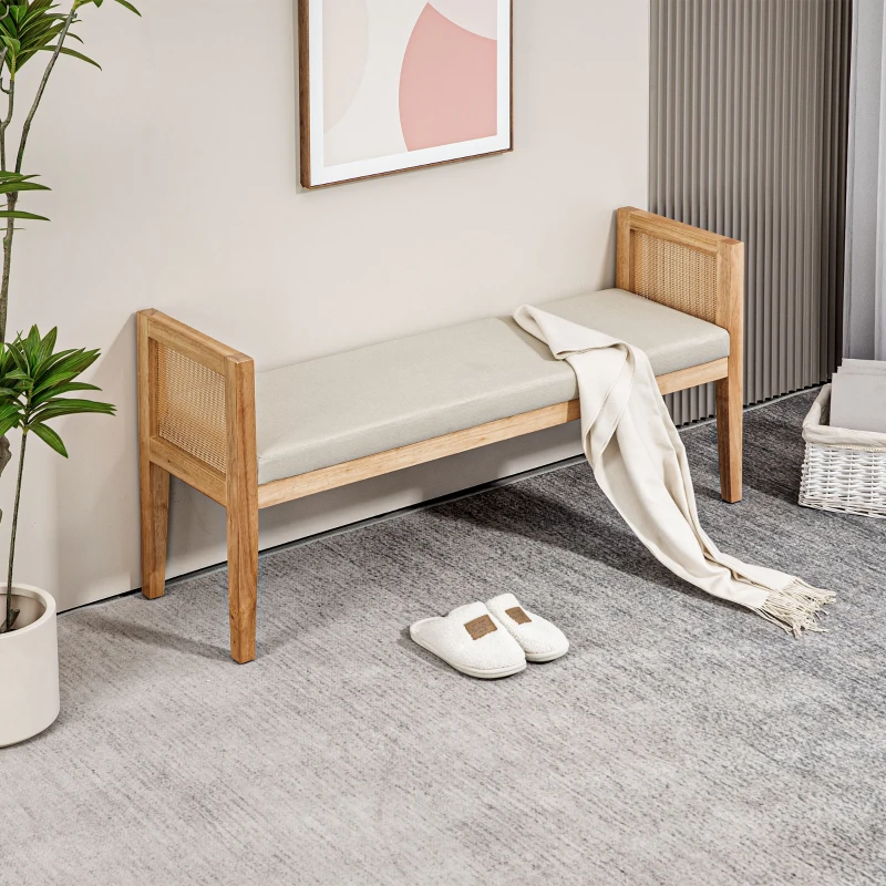 HOMCOM Banco de Fim de Cama em Tecido Efeito Linho com Apoios de Braço em Vime e Estrutura em Madeira Maciça 120x38x61,5 cm Bege