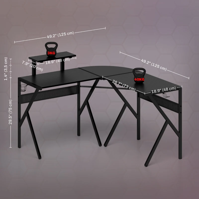 HOMCOM Mesa Gamer em L 125x125 cm com Tampo em Fibra de Carbono Suporte para Monitor Porta-Copos e Gancho para Fone Preto