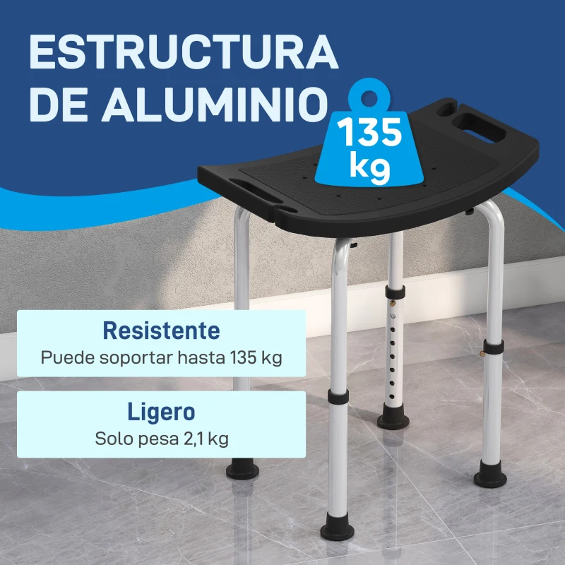 HOMCOM Taburete de Ducha Silla Ducha Personas Mayores con Altura Regulable de Aluminio Antideslizante Carga 135 kg Negro