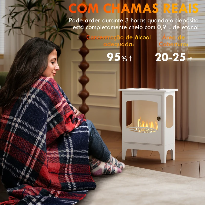 HOMCOM Lareira Bioetanol 7000BTU com Apagador de Aço Inoxidável Depósito de 1,2L Tempo de Combustão 3h para Interiores 20-25 m² 39x26x54 cm Branco