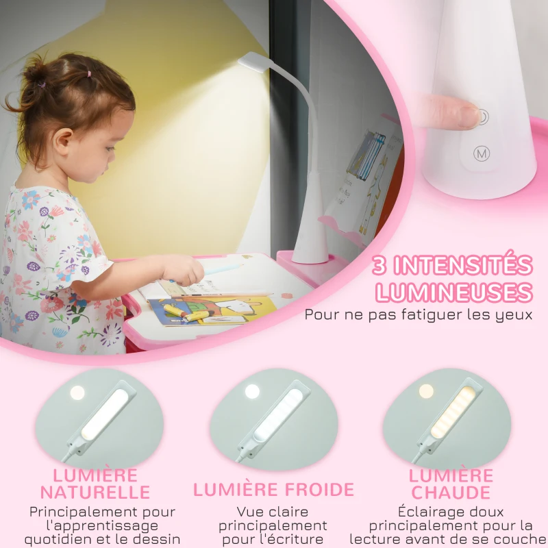 HOMCOM Ensemble chaise et bureau pour enfants avec lampe LED hauteur réglable plateau incliné support de lecture rose