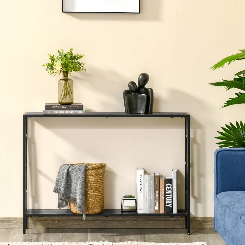 HOMCOM Mesa Consola Mesa de Apoio Design Industrial 106x23,2x76 cm Prateleira Aço Preto Painéis de Partículas Madeira Cinza