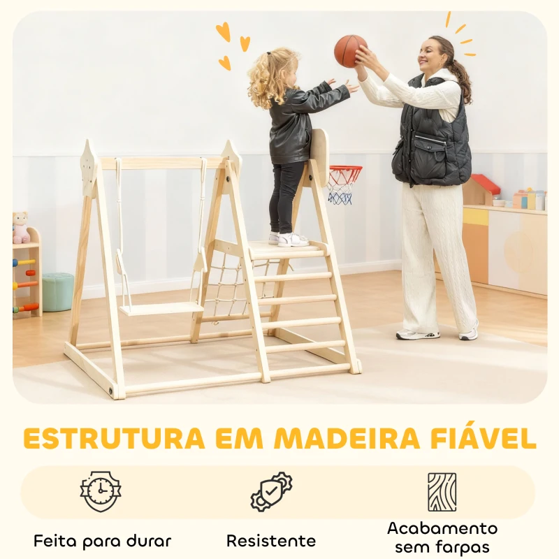 AIYAPLAY Escorrega Infantil 5 em 1 Estrutura de Escalada de Madeira com Escorrega Baloiço Cesto de Basquetebol 140x172,5x116,5 cm Madeira