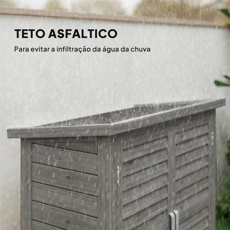 Outsunny Armário de Armazenamento de Madeira para Jardim com 2 Prateleiras Interiores 2 Portas e Teto Inclinado para Exterior Terraço 87x46,5x96,5cm Cinza
