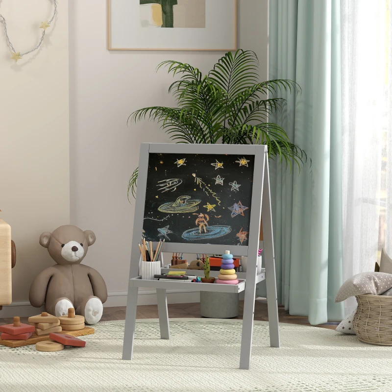 AIYAPLAY Chevalet enfant chevalet peinture enfant double face avec tableau blanc et tableau noir, étagères de rangement incluse