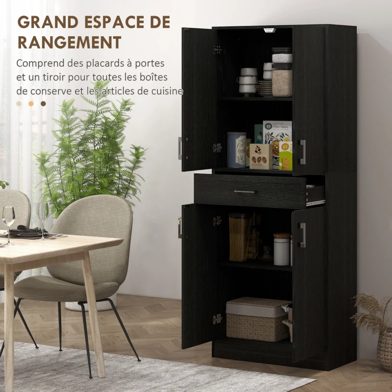 HOMCOM Buffet haut armoire de cuisine 4 portes 2 placards et 1 tiroir central hauteur 180 cm avec 2 étagères réglables noir