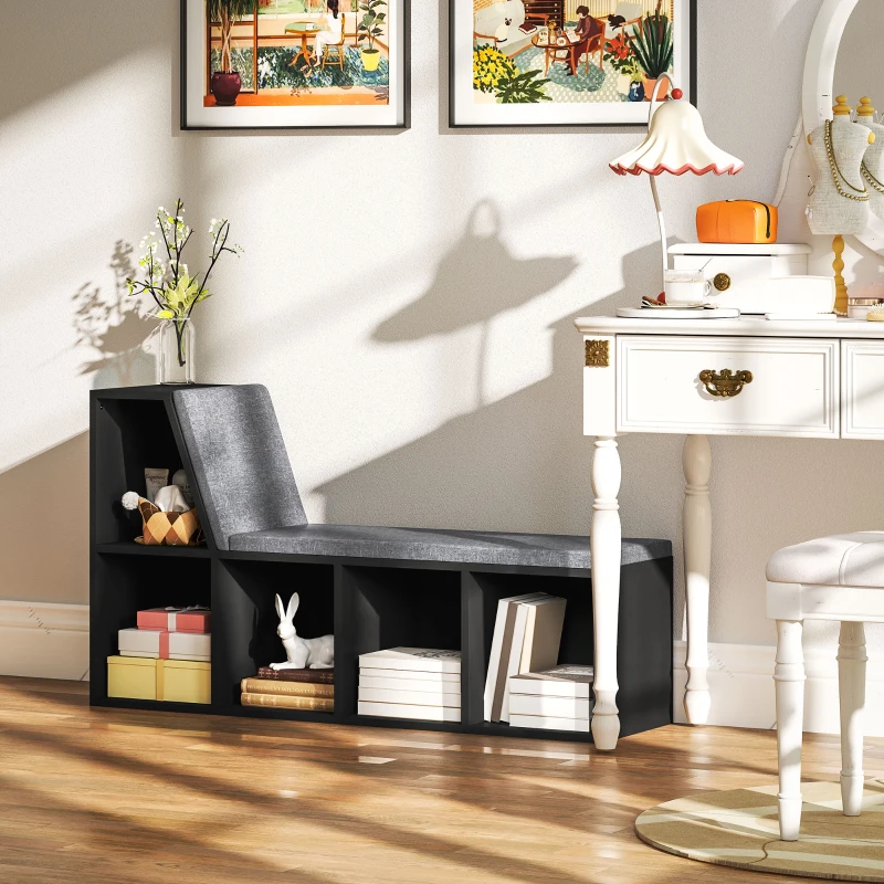 HOMCOM Estante Banco 2 em 1 com 5 Compartimentos de Arrumação e 2 Almofadas 108x30x60 cm Preto Cinza