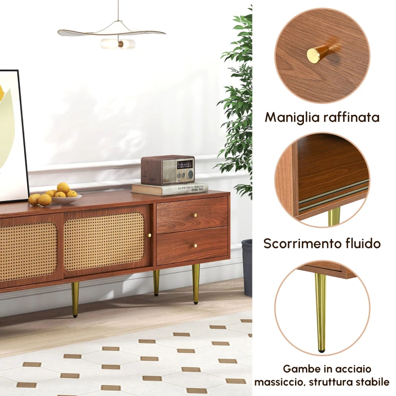 Mobile TV Moderno Design in Rattan con Porte Scorrevoli, Cassetti e 4 Ripiani, Piedi in Metallo, 160x40x60 cm, Color Noce