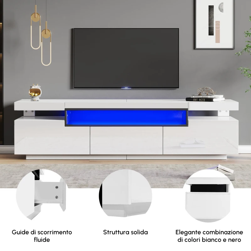 Mobile TV Moderno Lucido con LED a 16 Colori, 3 Cassetti, Apertura Silenziosa e Fluida, 160x39x42 cm, Bianco