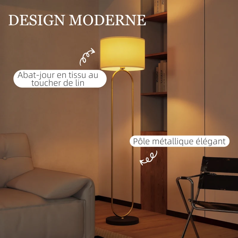HOMCOM Lampadaire abat-jour en lin douille E27 style moderne interrupteur à pied pour salon et chambre 156 cm doré et noir