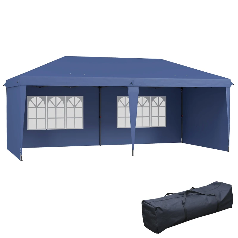 Outsunny Faltpavillon 6x3 m Pop-up mit 4 abnehmbaren Seitenwänden Gartenpavillon mit 2 Fenstern und Tragetasche Blau
