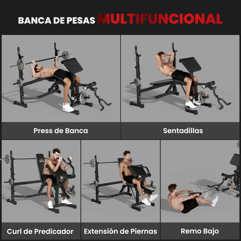 HOMCOM Banco de Musculación Multifuncional Banco de Pesas con Respaldo Inclinable y Soporte de Barras Altura Ajustable para Entrenamiento Cuerpo Completo Ginmasio Carga 300 kg 187x140x117-136 cm Negro