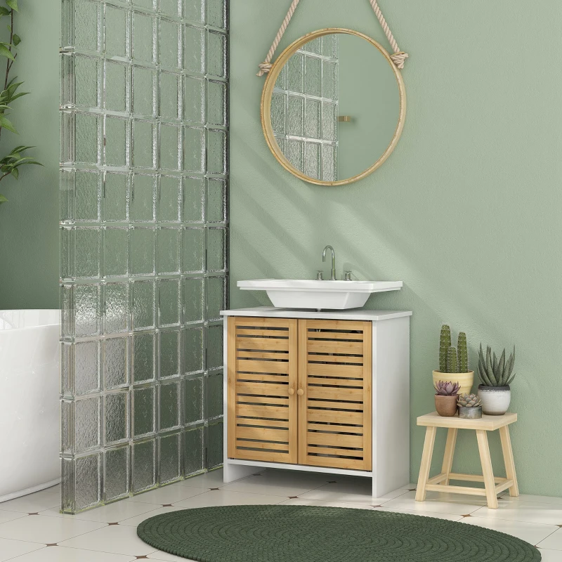 HOMCOM Meuble sous vasque de salle de bain 2 portes étagère réglable armoire de rangement pour lavabo 60x30x60 cm bambou blanc