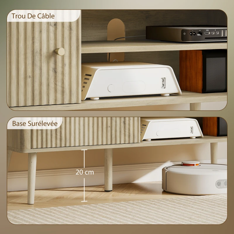 HOMCOM Meuble TV, meuble télé avec placard à porte, compartiments ouverts et étagère réglable, 115x35x49cm, chêne