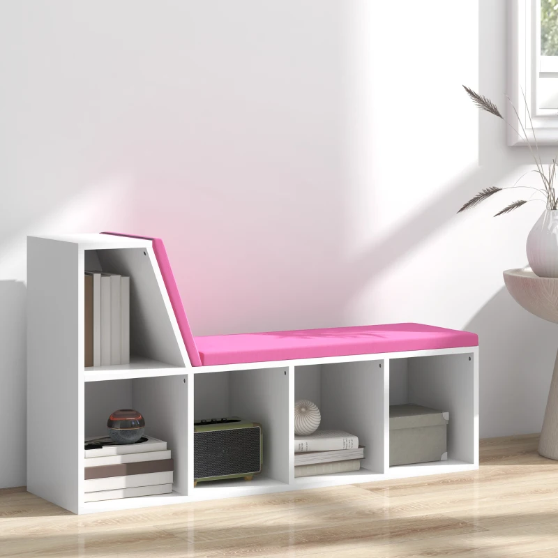 HOMCOM Estante Banco 2 em 1 com 5 Compartimentos de Arrumação e 2 Almofadas 108x30x60 cm Branco Rosa