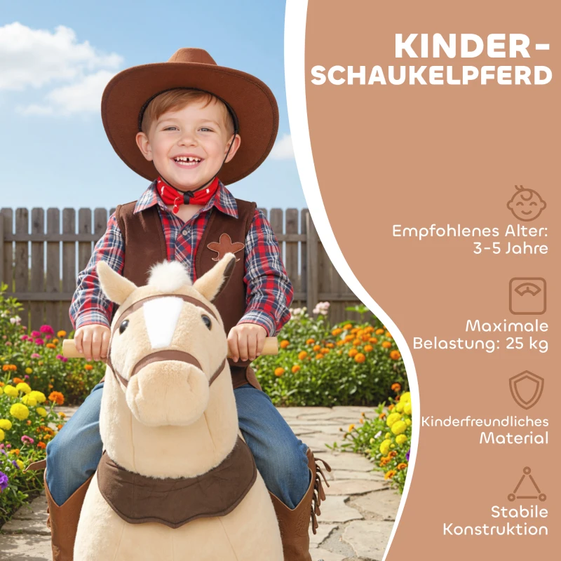 AIYAPLAY Rijdpaard voor kinderen, stofbekleding, stevig frame, zachte wielen, hobbelpaard, 3-5 jaar, bruin