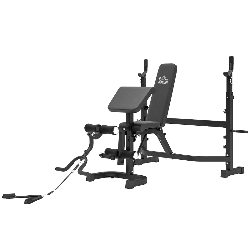 HOMCOM Banco de Musculación Multifuncional Banco de Pesas con Respaldo Inclinable y Soporte de Barras Altura Ajustable para Entrenamiento Cuerpo Completo Ginmasio Carga 300 kg 187x140x117-136 cm Negro