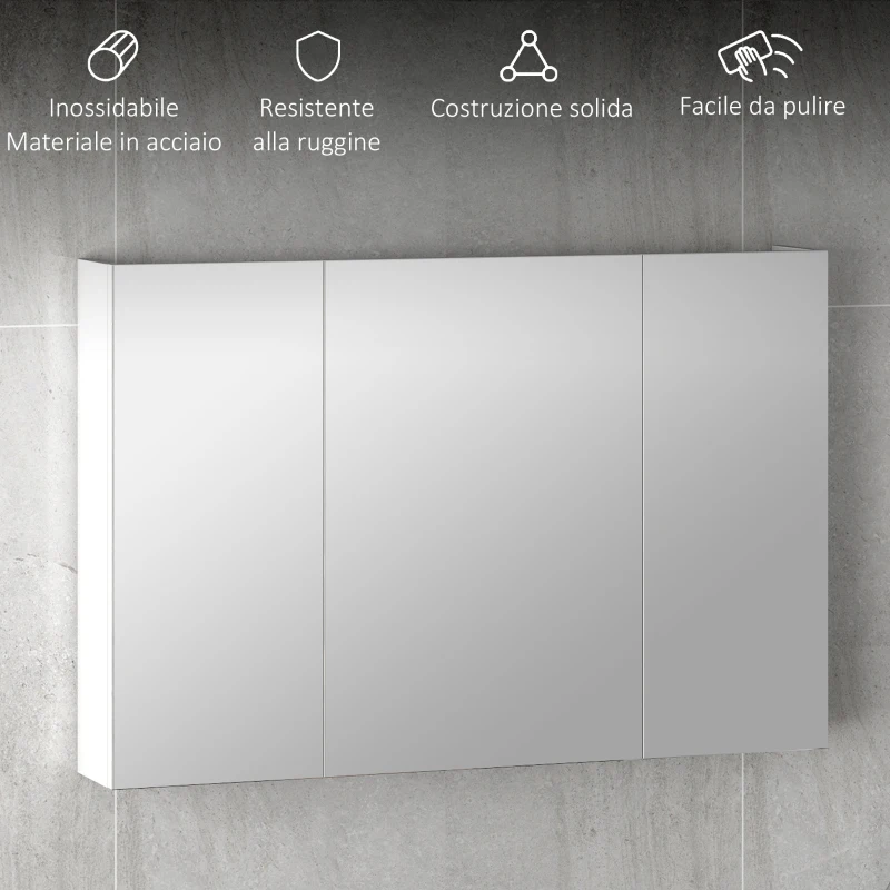 kleankin Armadietto Pensile Bagno con 3 Ante a Specchio e Ripiani Regolabili in Legno 90x13.5x60 cm, Bianco