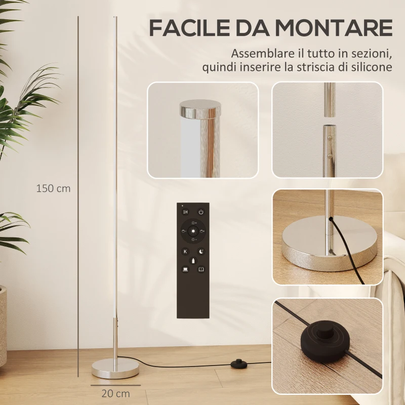 HOMCOM Lampada da Terra LED Alta 150 cm con Temperatura del Colore Regolabile e Telecomando, Argento