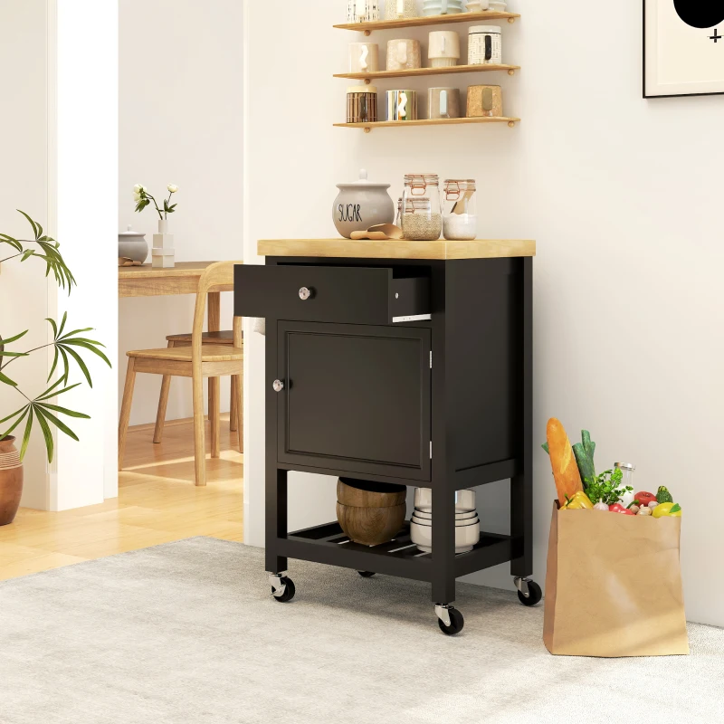 HOMCOM Carrinho de Cozinha com Rodas Carrinho de Serviço Tampo em Madeira de Seringueira Gaveta 63,5x40x90 cm Preto