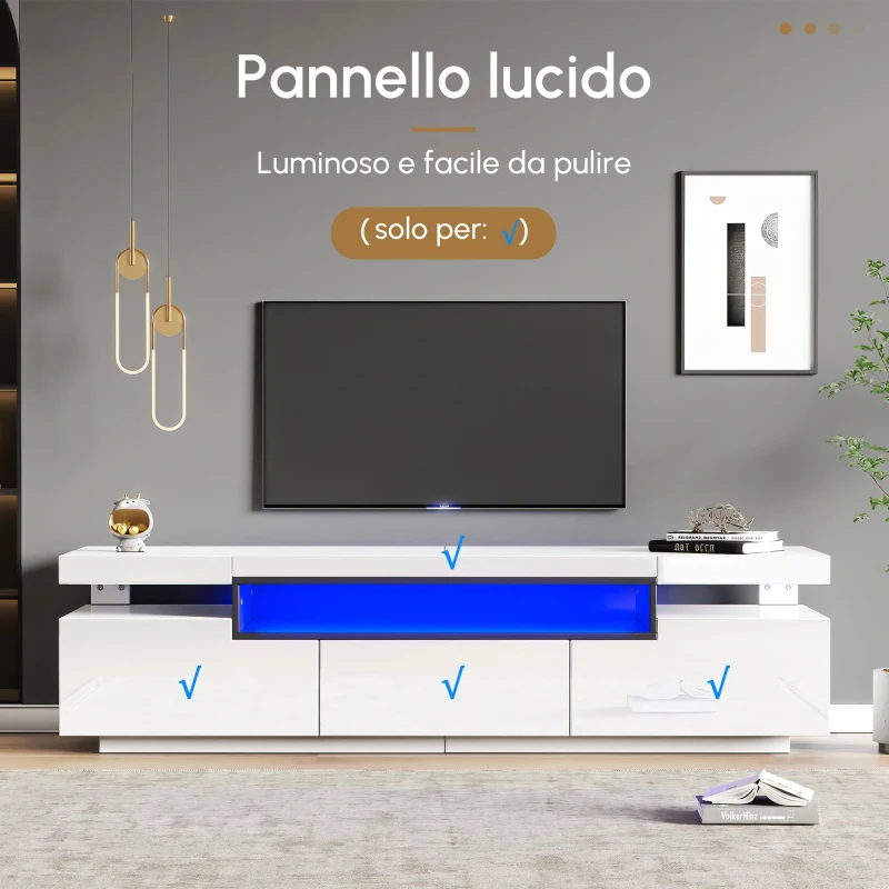 Mobile TV Moderno Lucido con LED a 16 Colori, 3 Cassetti, Apertura Silenziosa e Fluida, 160x39x42 cm, Bianco