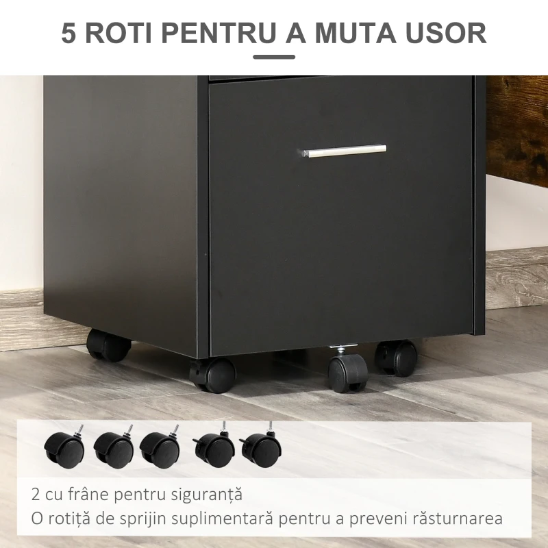 Vinsetto Comodă de Birou cu 2 Sertare și Raft Deschis, Mobilier cu 5 Rotile, Încuietoare și 2 Chei, 39x40x65 cm, Negru