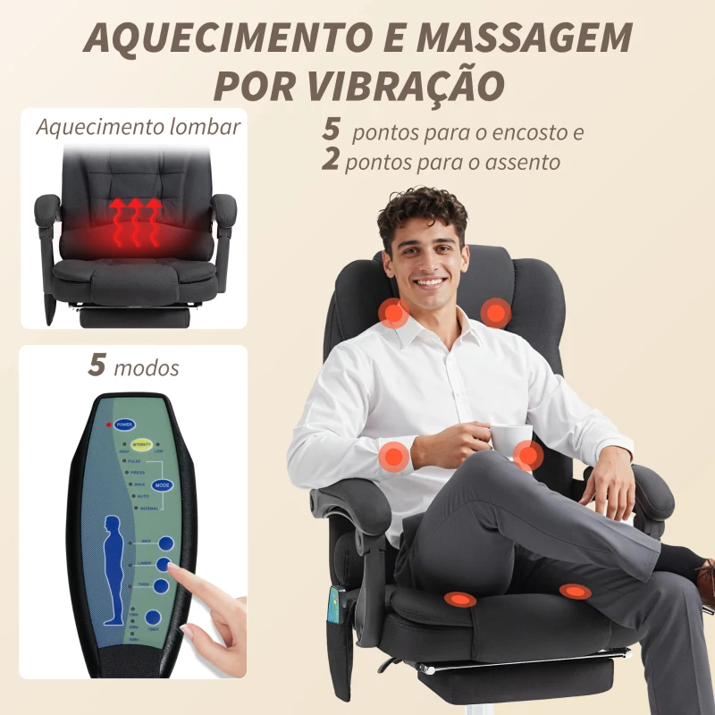 Vinsetto Cadeira de Escritório com 6 Pontos de Massagem Giratória com Encosto Reclinável 135º Função de Aquecimento 65x70x111-119 cm Preto