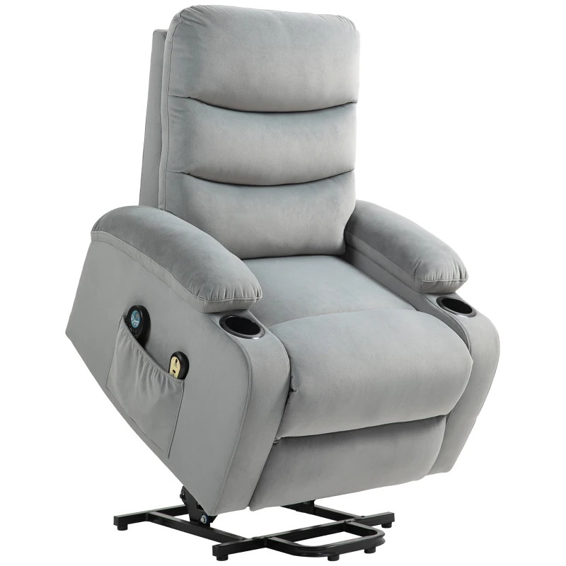 HOMCOM Fauteuil releveur inclinable massant et chauffant, tissu aspect velours avec porte-gobelets, pochette latérale, gris