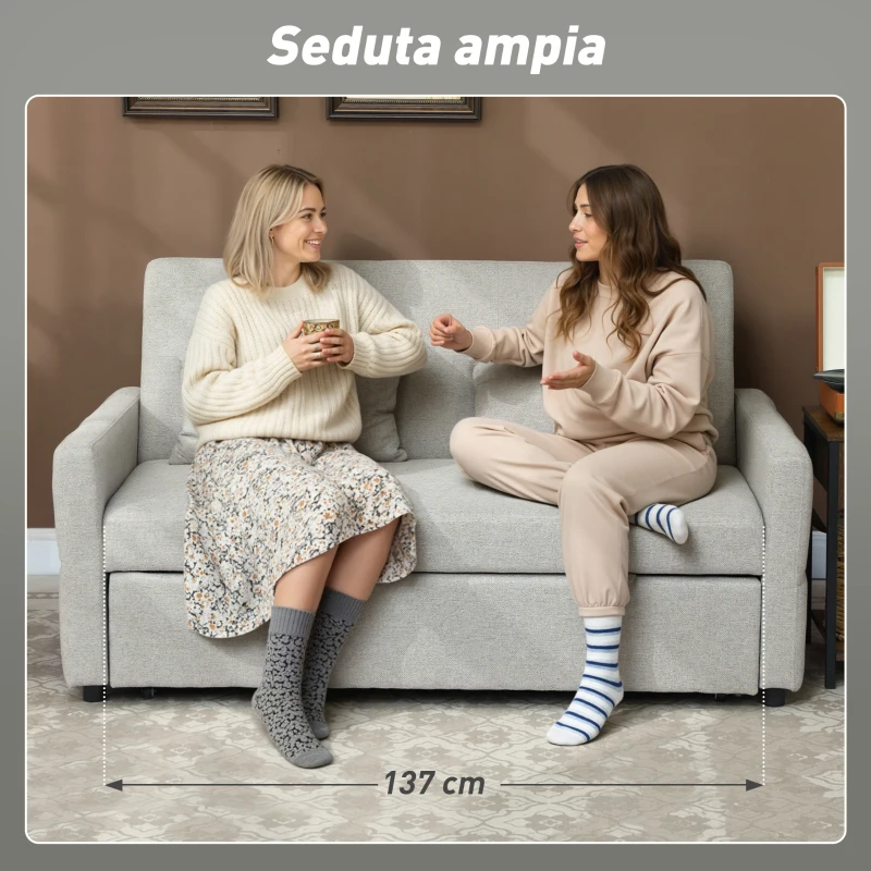 HOMCOM Divano 2 Posti Convertibile in Divano Letto Clic Clac con 2 Cuscini in Tessuto, Marrone Chiaro