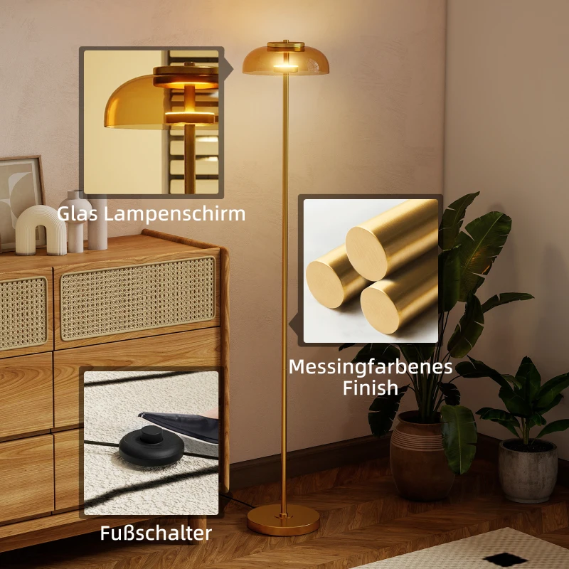HOMCOM LED Stehlampe Wohnzimmer, Stehleuchte mit 3000 K warmem Licht, Fußschalter, 25 x 25 x 134 cm, Messing