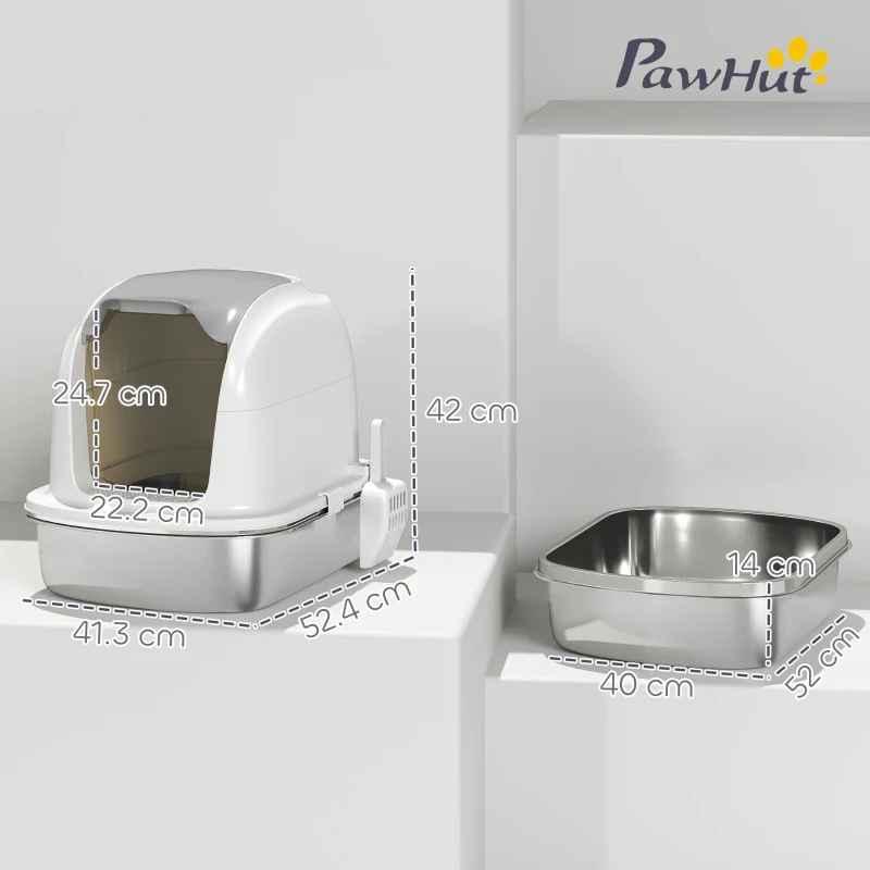 PawHut Stainless Steel Cat Litter Box with Lid, Litter Tray, Scoop, for Cat under 5 kg, 52.4 x 41.3 x 42 cm, White
