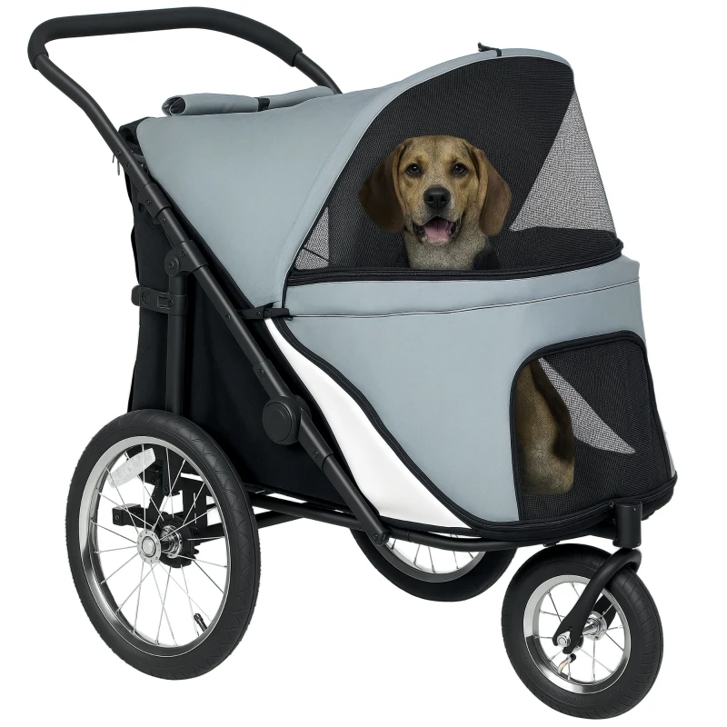 PawHut Poussette pour chien 3 roues avec pliage facile, sac de rangement, coussin souple, laisse de sécurité, gris