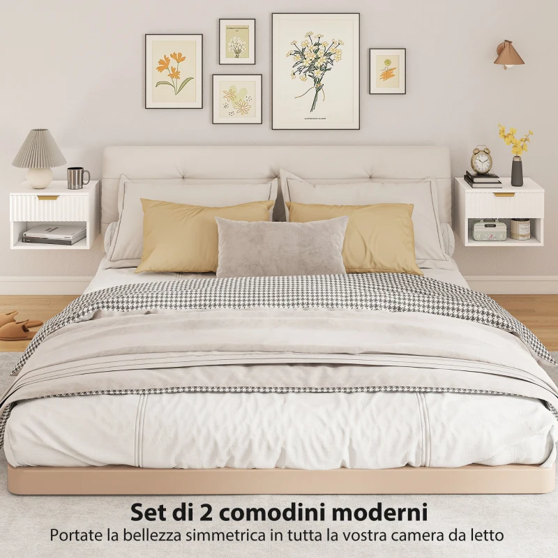 HOMCOM Set di 2 Comodini Sospesi con Pannelli Scanalati, Cassetto e Ripiano, 40x34x29 cm, Bianco