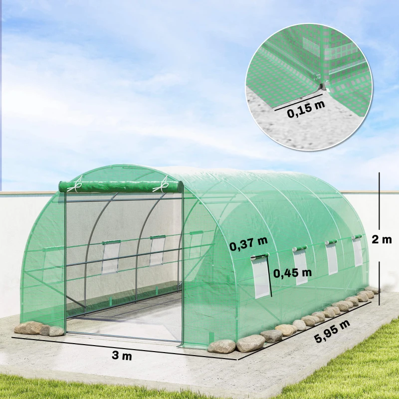 Outsunny Invernadero de Túnel 600x300x200 cm Invernadero de Jardín con Puerta Enrollable 8 Ventanas Cubierta PE 140g/m² y Tubo de Acero para Cultivos Plantas Verduras Verde