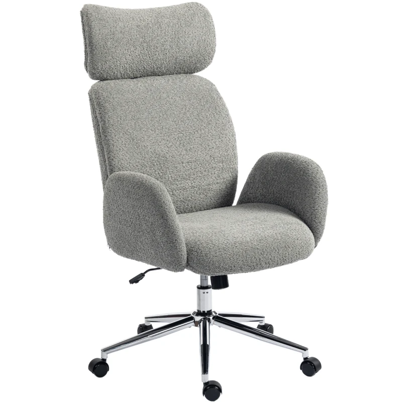 HOMCOM Office Chair with Adjustable Headrest, Spring Pack, Curved Line, Boucle Fabric - Charcoal Grey