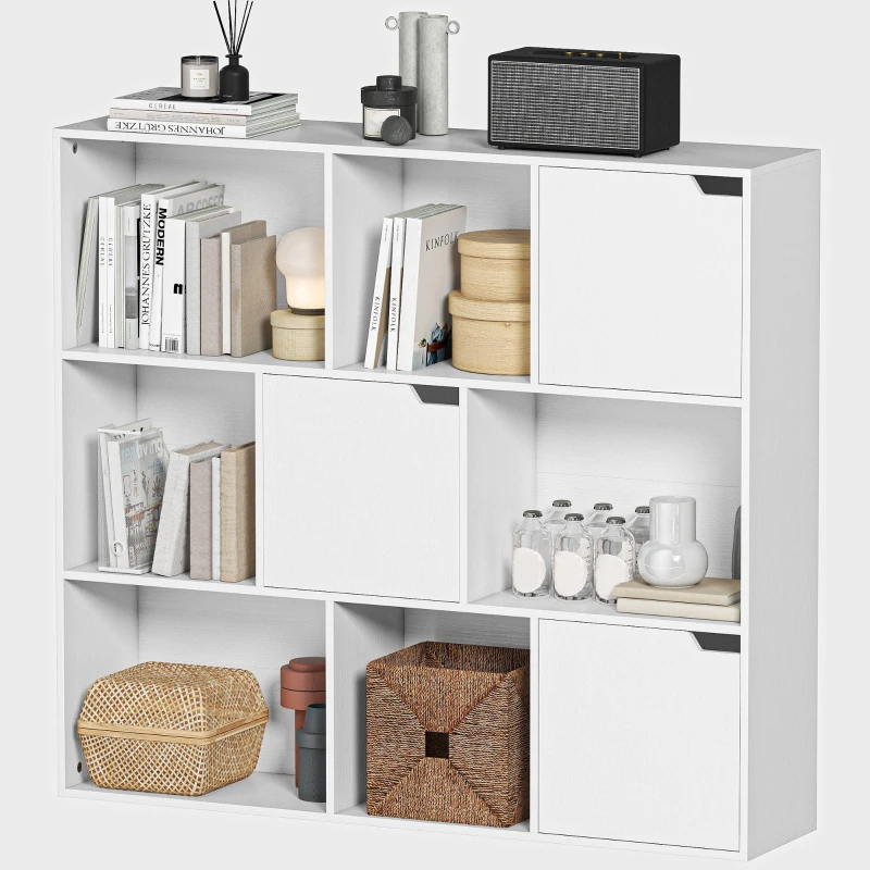 HOMCOM Bibliothèque étagère de rangement 9 cubes avec 3 portes et 6 compartiments ouverts, 106 x 24 x 95 cm, blanc