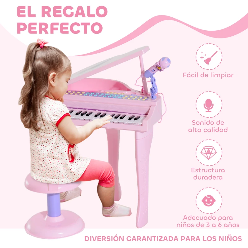 HOMCOM Piano Infantil 37 Teclas Teclado Electrónico Piano para Niños con Micrófono Taburete Luces y 22 Canciones USB/MP3 Karaoke Modo de Enseñanza Rosa