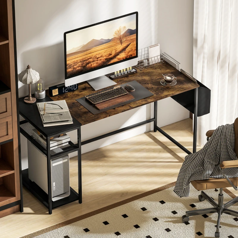 HOMCOM Bureau d'ordinateur 150 x 60 cm avec étagères de rangement réversibles et sac en tissu, pour petits espaces, marron