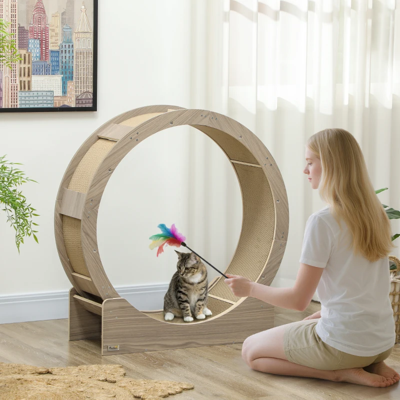 PawHut Roue d'exercice pour chat roue de course pour chat frein sécurisé et tapis de grattage amovible silencieux 91 cm marron
