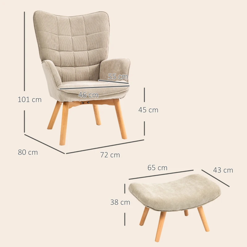 HOMCOM Fotoliu cu Taburet din Catifea cu Model Crestat , Spătar Înalt și Brațe, 72x80x101 cm, Bej