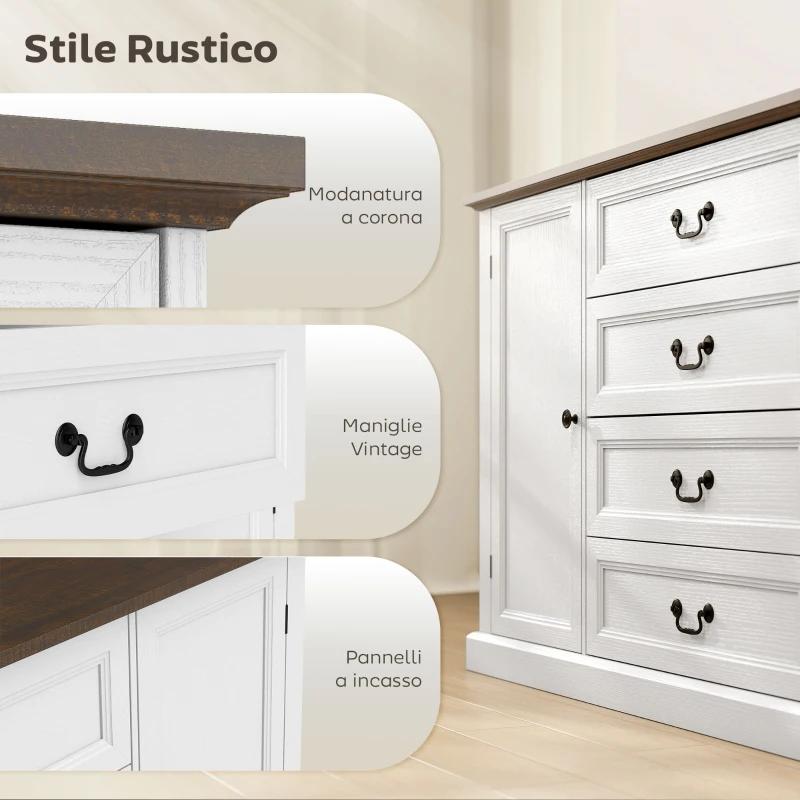 HOMCOM Credenza da Cucina Stile Vintage con 4 Cassetti e 2 Armadietti con Mensole Regolabili, 147x40x87, Legno Bianco