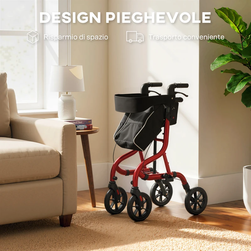 HOMCOM Deambulatore con Seduta e Schienale per Anziani Pieghevole, Altezza Regolabile, Borsa e Porta Bastone, Rosso