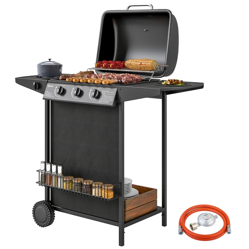 Outsunny Barbecue a Gas con 4 Bruciatori Indipendenti e Coperchio con Termometro, 108x54x97 cm, Nero