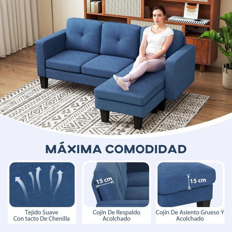 HOMCOM Sofá Chaise Longue Reversible con Estructura de Acero Tapizado en Chenilla 186x130x84cm Azul