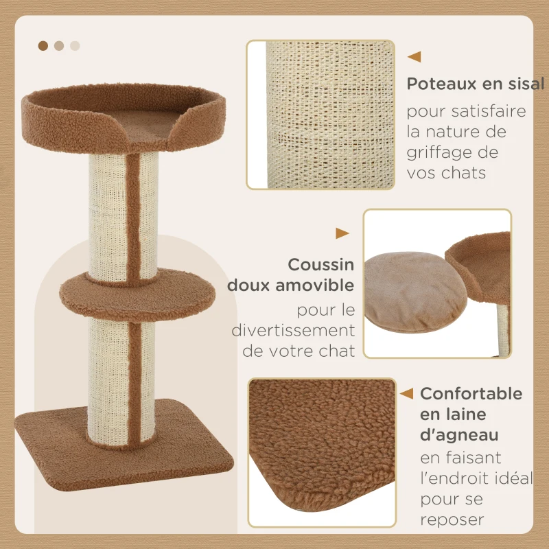 PawHut Arbre à chat avec griffoir centre d'activités 2 plateformes coussin marron clair