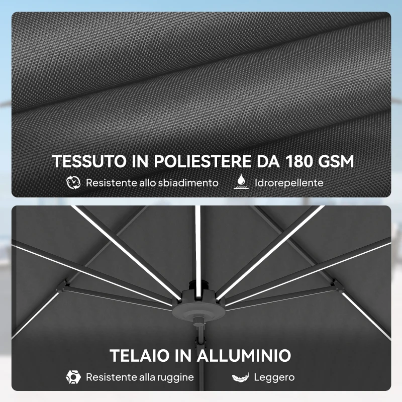 Outsunny Ombrellone a Braccio per Esterno con Luci a LED e Angolo Regolabile, in Alluminio e Poliestere Ø3x2.5 m, Grigio