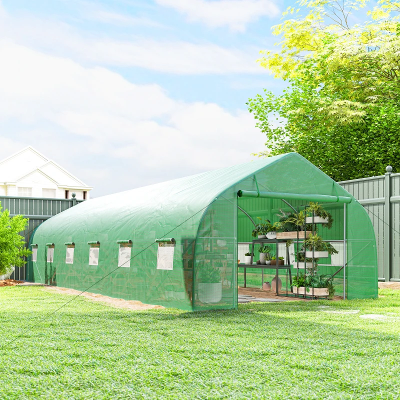 Outsunny Serre de jardin tunnel grande taille avec bâche PE cadre en acier porte enroulable et 12 fenêtres 8 x 3 x 2 m vert